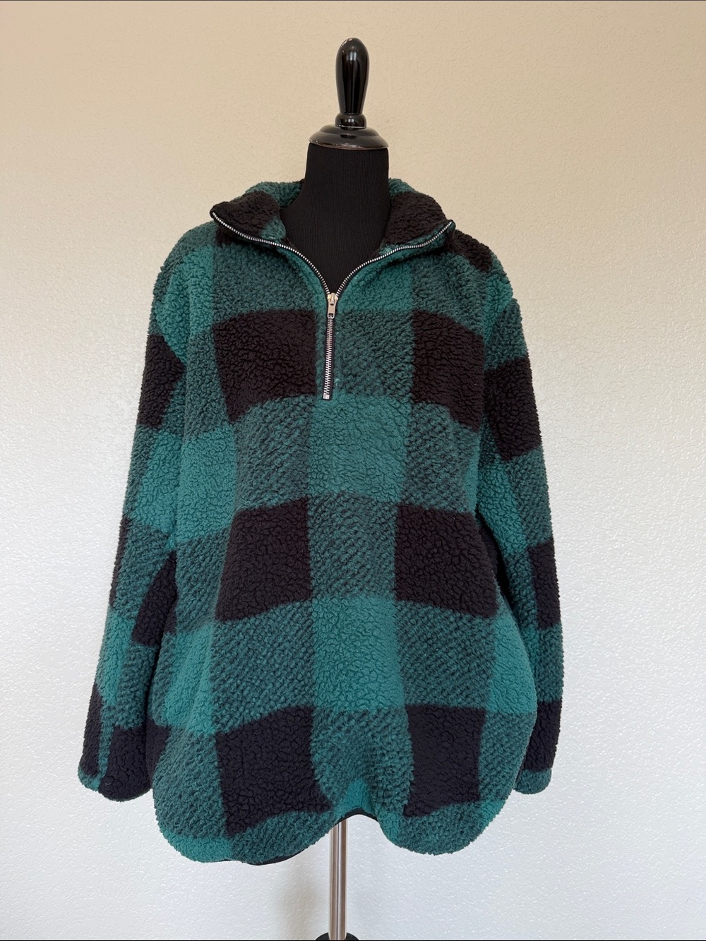Green and Black Buffalo Plaid Sherpa Pullover